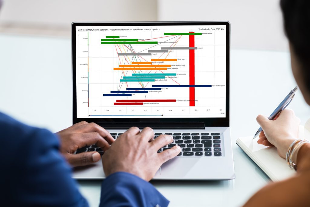 Two people looking at their Business Strategic Roadmap using the R-SRMApp, powered by SharpCloud on a laptop